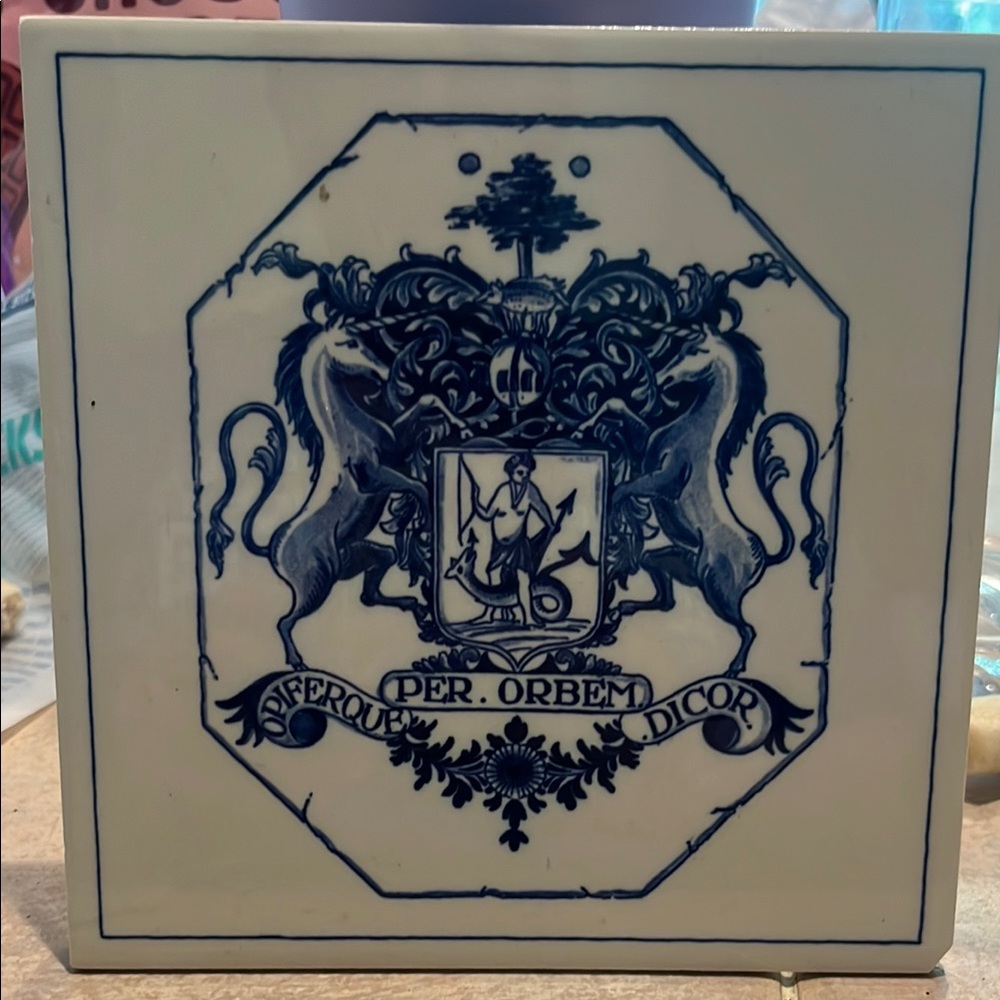 Delft Blue And White Scene Tile Crest With  Horses